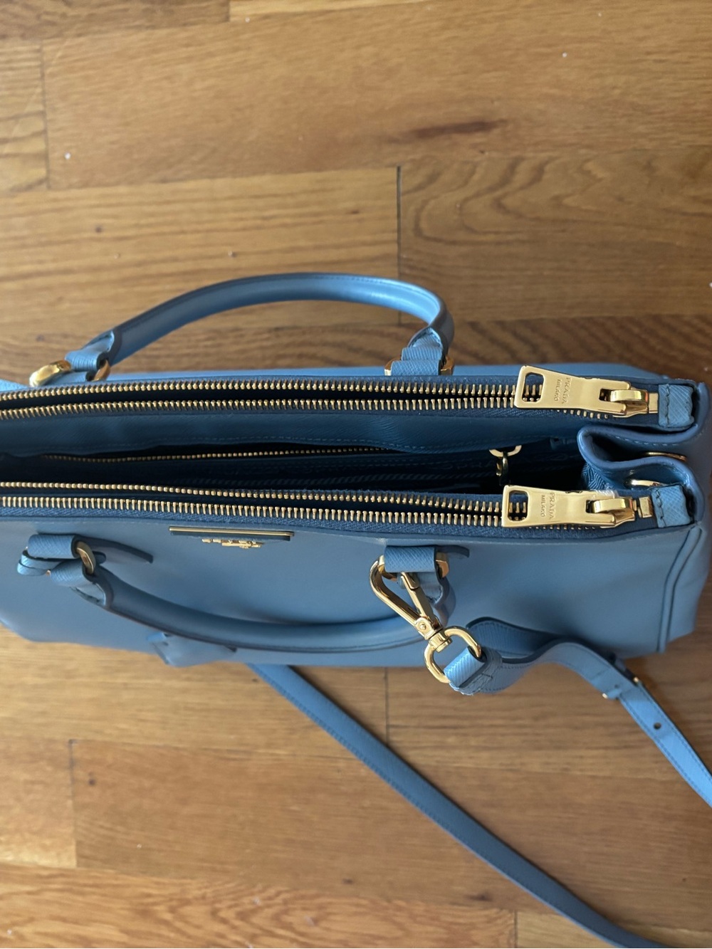 Prada Saffiano Large Double Zip Tote in Powder Blue (“Astrale”) Gold Hardware - Picture 16 of 16